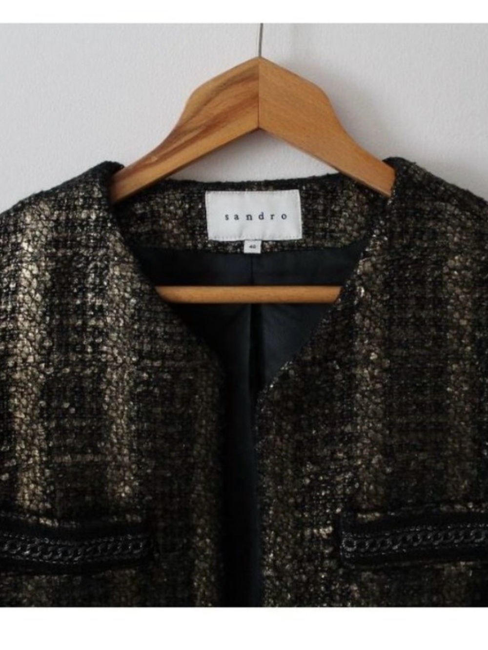 Sandro Tweed Metallic Gold Fringe Blazer Size 40/ Large - Picture 3 of 5